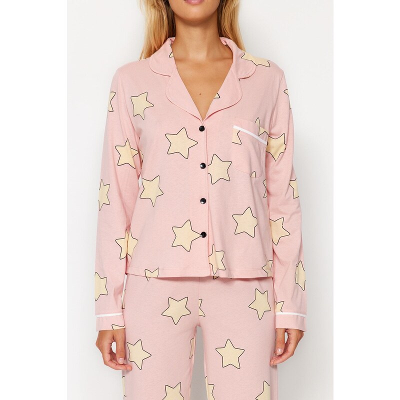 Trendyol prášek 100% bavlna hvězda tištěné košile-kalhoty pletené pyžamo set