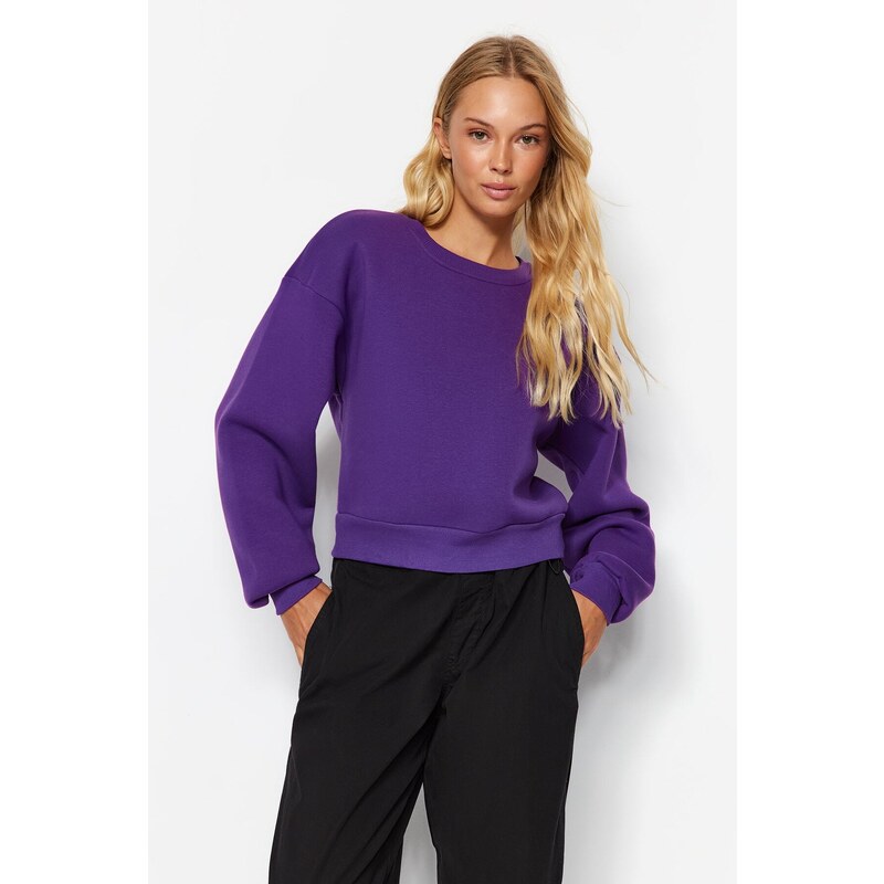 Trendyol Purple Comfort Fit Crop Basic Crew Neck Thick Fleece Knitted Sweatshirt