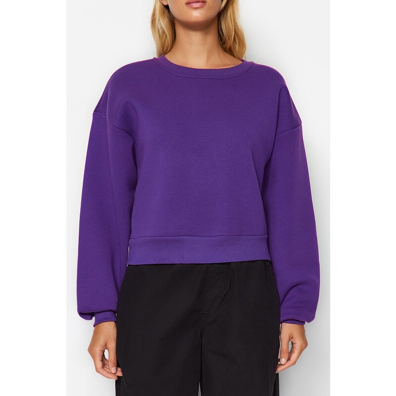 Trendyol Purple Comfort Fit Crop Basic Crew Neck Thick Fleece Knitted Sweatshirt