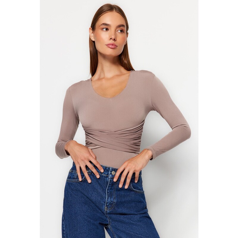 Trendyol Beige Ruffle Detailed V-Neck Flexible Knitted Body With Snap Button