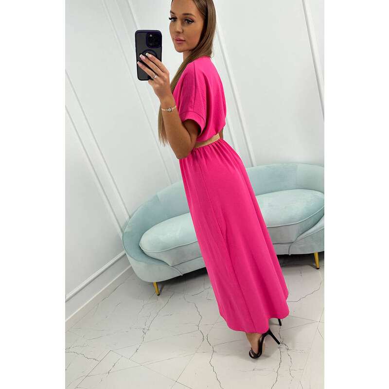 K-Fashion Dlouhé šaty s ozdobným páskem růžové