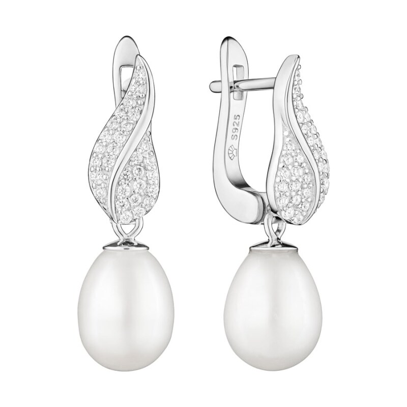 Gaura Pearls Stříbrné náušnice s bílou perlou a zirkony, stříbro 925/1000