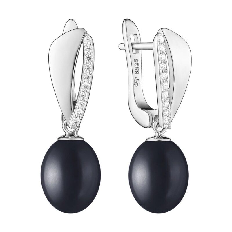 Gaura Pearls Stříbrné náušnice s černou perlou a zirkony, stříbro 925 85021929