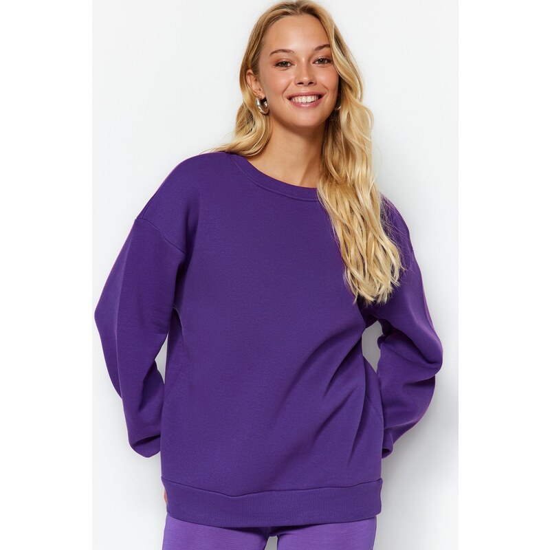 Trendyol Purple Oversize/Comfortable fit Basic Crew Neck Thick/Polarized Knitted Sweatshirt