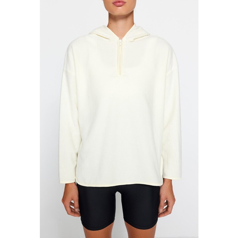 Trendyol Thick Ecru Fleece Hooded and Zippered Oversized/Wide Knit Sweatshirt