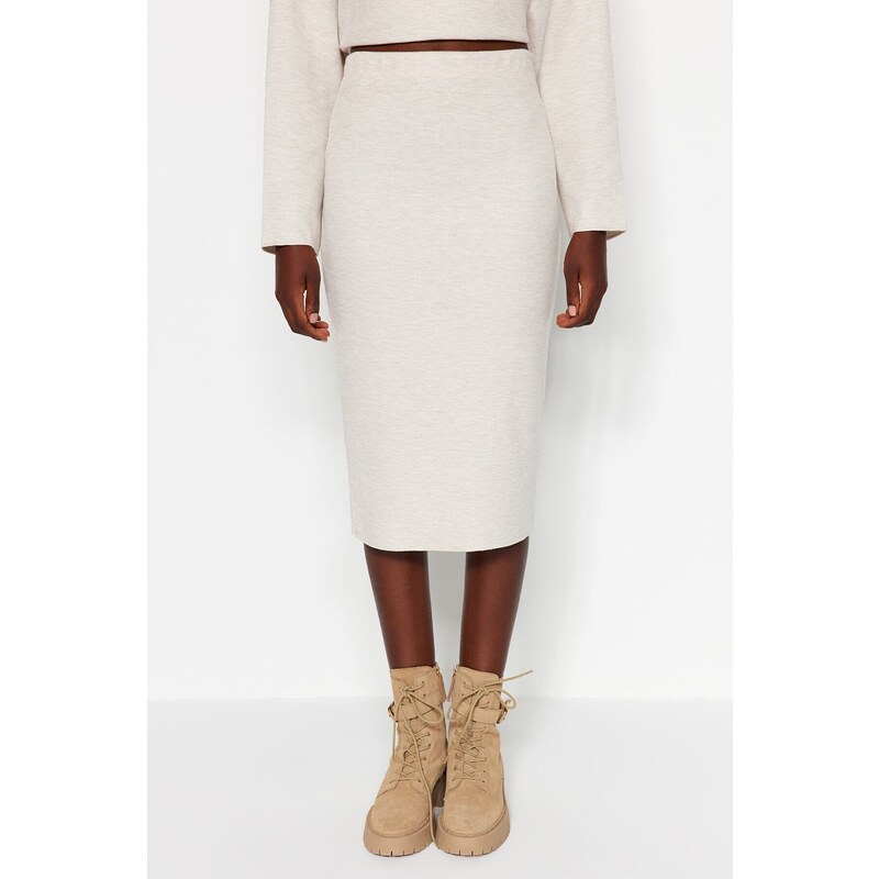 Trendyol Beige Normal Waist Thessaloniki/Knitwear Look Midi Pencil Skirt,