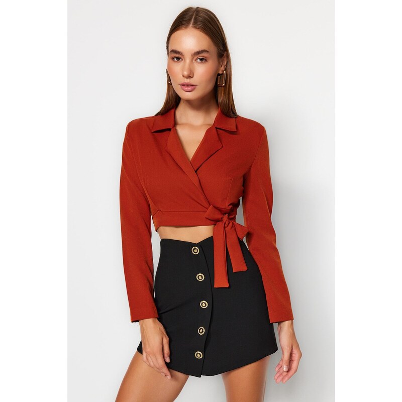 Trendyol dlaždicový crop s vázankou tkané sako 115721477