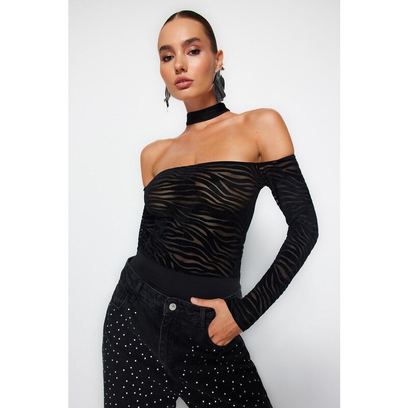 Trendyol Black Animal Pattern Knitted Flock Printed Tulle Bodysuit