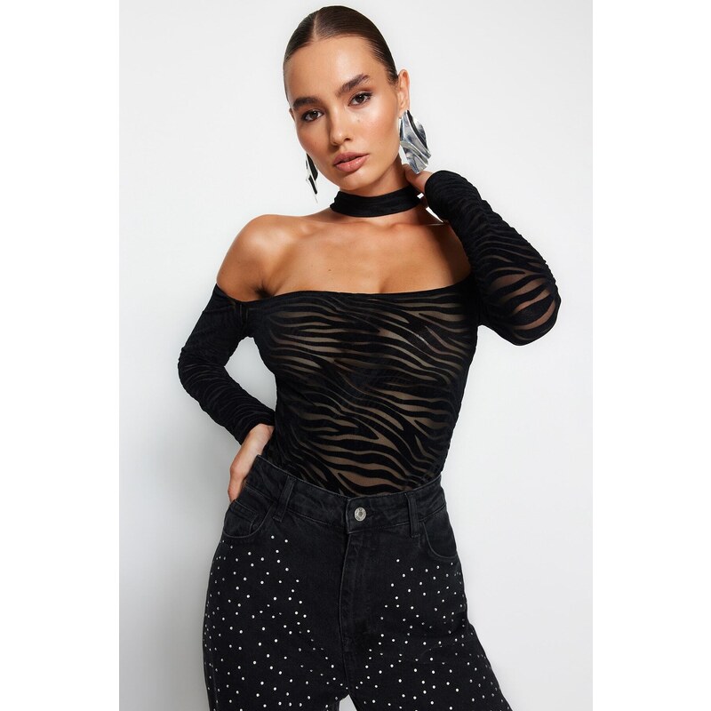 Trendyol Black Animal Pattern Knitted Flock Printed Tulle Bodysuit