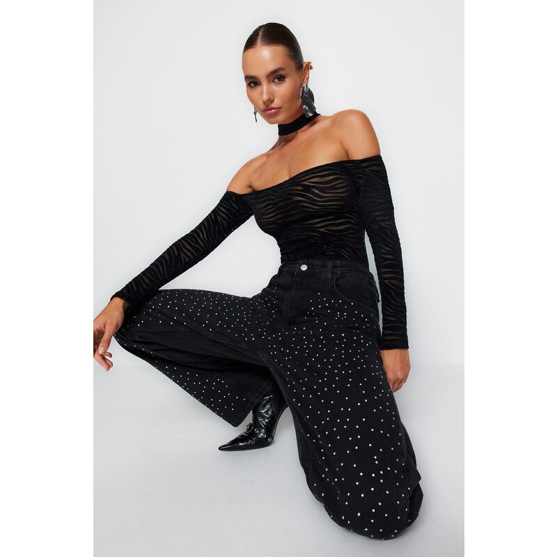 Trendyol Black Animal Pattern Knitted Flock Printed Tulle Bodysuit