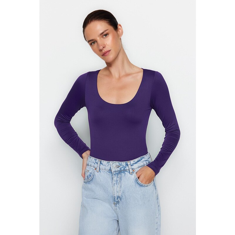 Trendyol Purple Fitted/Situated, Crinoline Collar Soft Fabric, Flexible With Snap Buttons Knitted Body