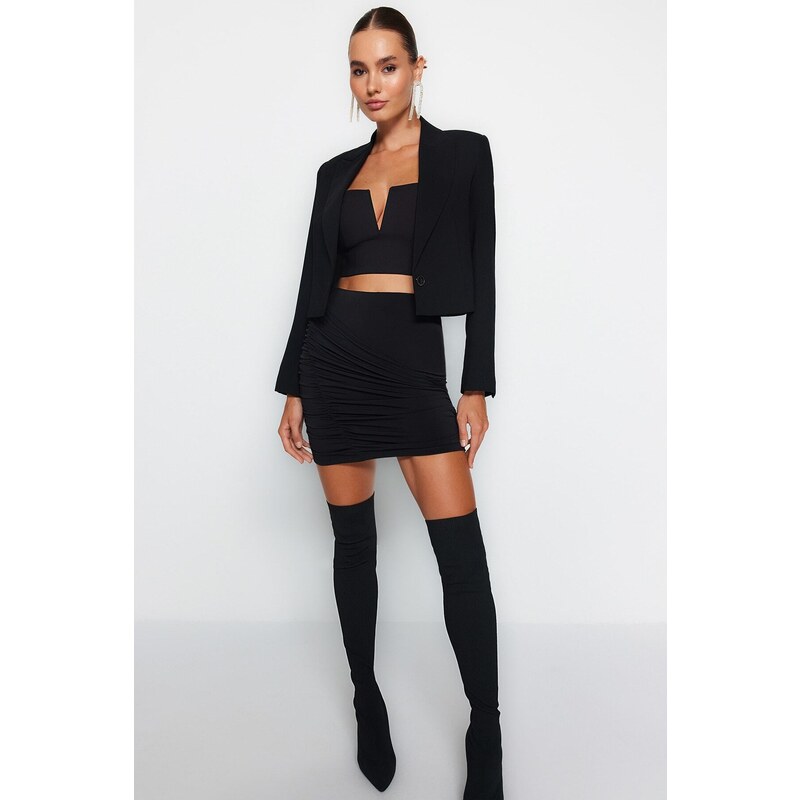 Trendyol Black Fitted Draped Knit Skirt