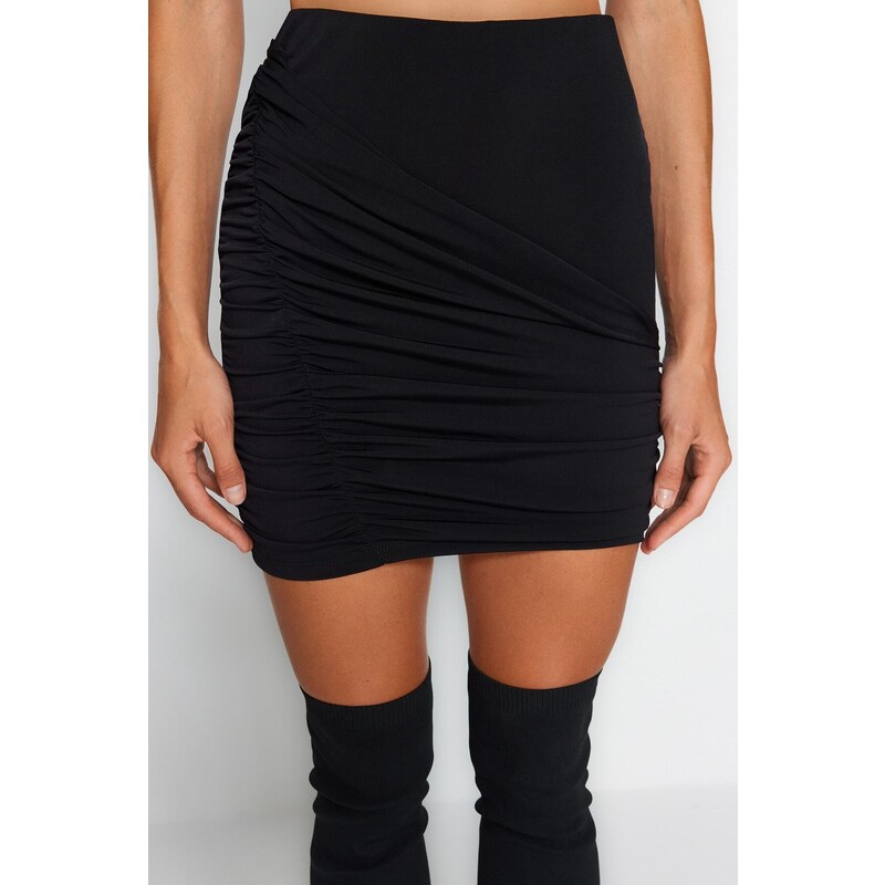 Trendyol Black Fitted Draped Knit Skirt