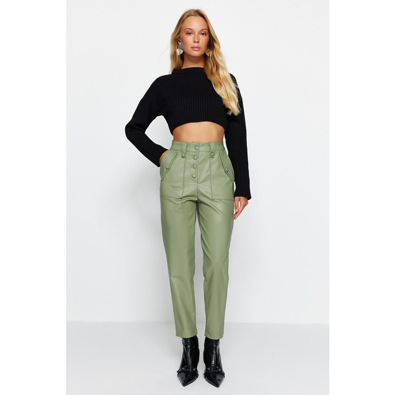 Trendyol Khaki Carrot Woven Front Buttoned Faux Leather Trousers