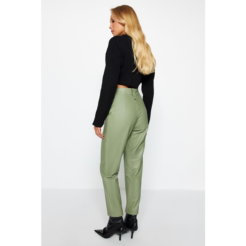 Trendyol Khaki Carrot Woven Front Buttoned Faux Leather Trousers