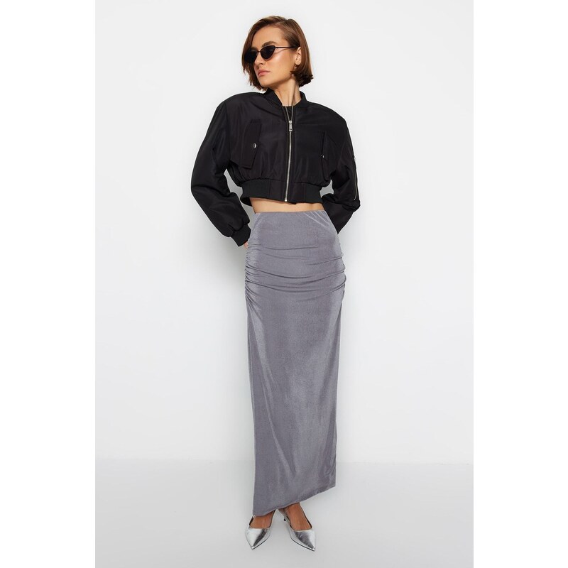 Trendyol Gray Premium with a Glossy Finish and Soft Textured Drape Maxi Knitted Skirt