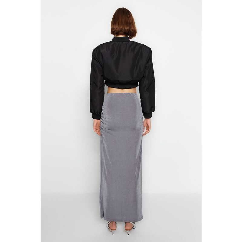 Trendyol Gray Premium with a Glossy Finish and Soft Textured Drape Maxi Knitted Skirt