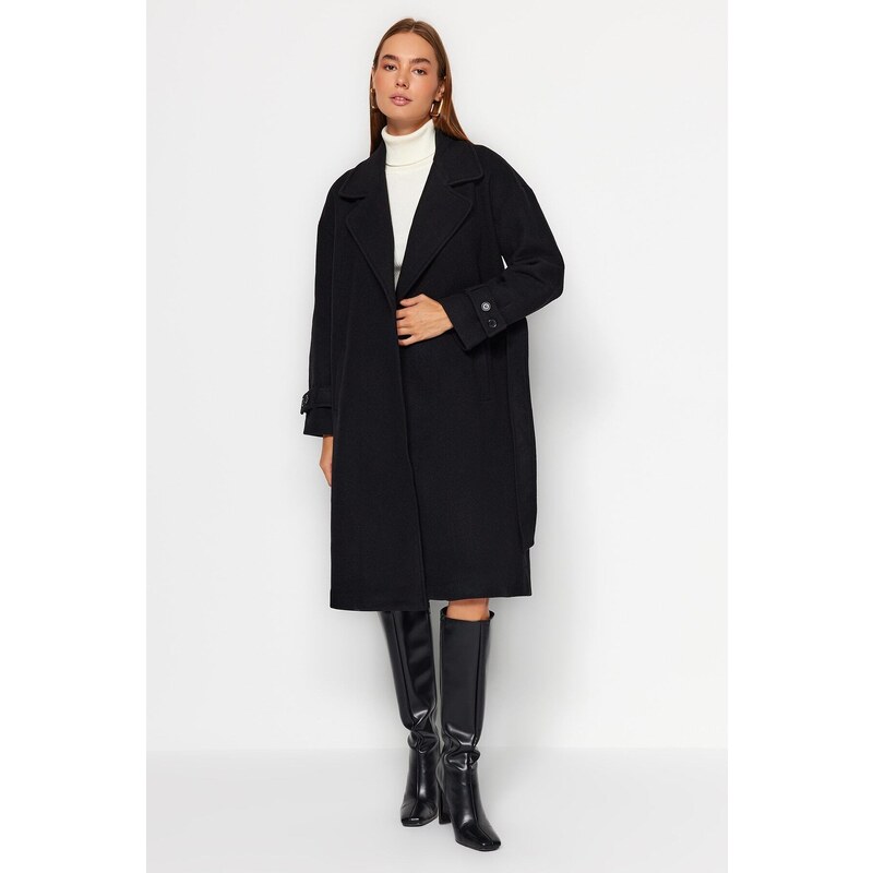 Trendyol Black Oversize Wide Cut Páskový dlouhý stamp Coat