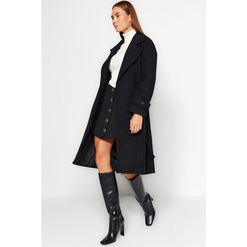 Trendyol Black Oversize Wide Cut Páskový dlouhý stamp Coat