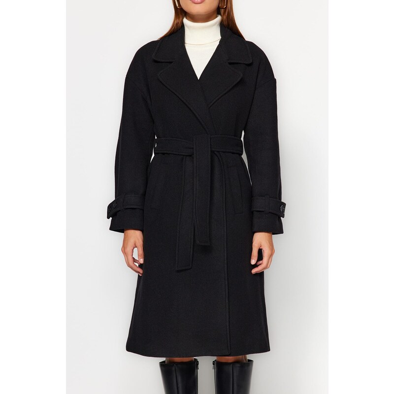 Trendyol Black Oversize Wide Cut Páskový dlouhý stamp Coat