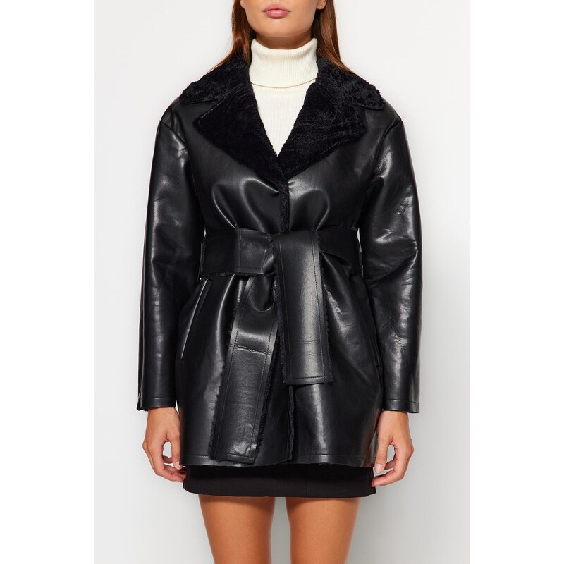 Trendyol Black Premium Oversize Wide-Cut Belted Plush Collar Detailed Faux Leather Coat