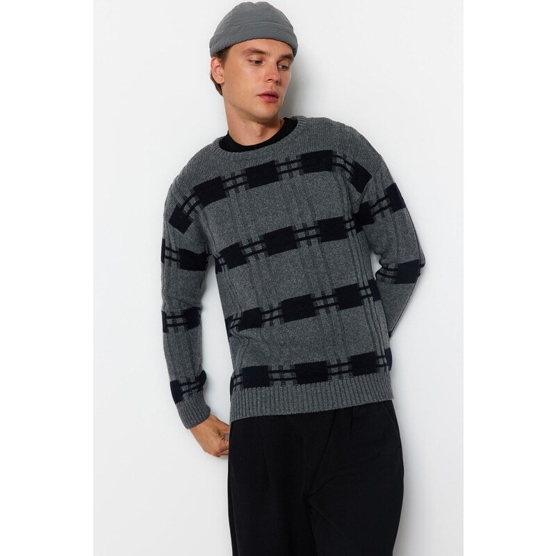 Trendyol Gray Regular Fit Crew Neck Square Patterned Knitwear Sweater