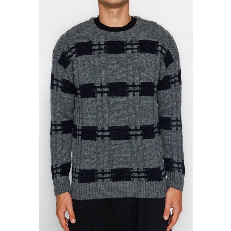 Trendyol Gray Regular Fit Crew Neck Square Patterned Knitwear Sweater