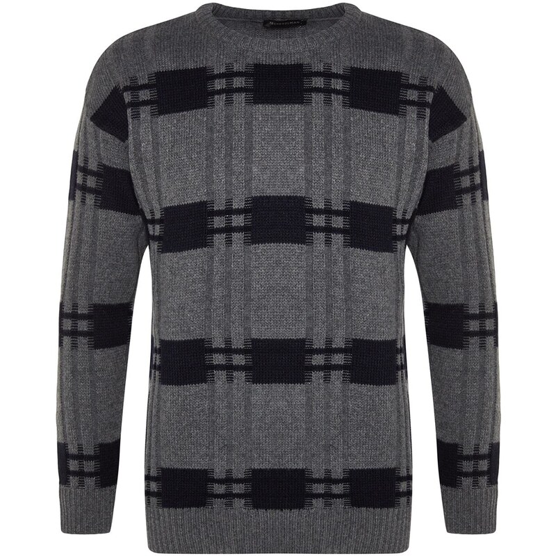 Trendyol Gray Regular Fit Crew Neck Square Patterned Knitwear Sweater