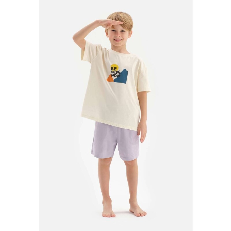 Dagi Ecru Boy's Slogan Printed Short Sleeve Pajama Set with Shorts