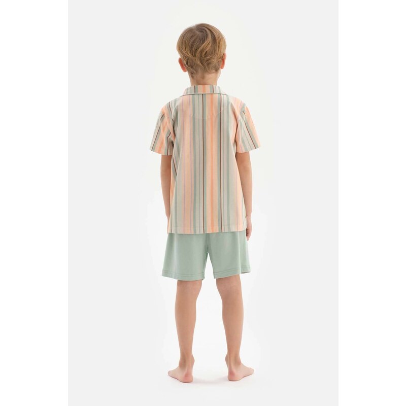 Dagi Multicolour Shirt Collar Striped Short Sleeved Shorts Pajamas Set