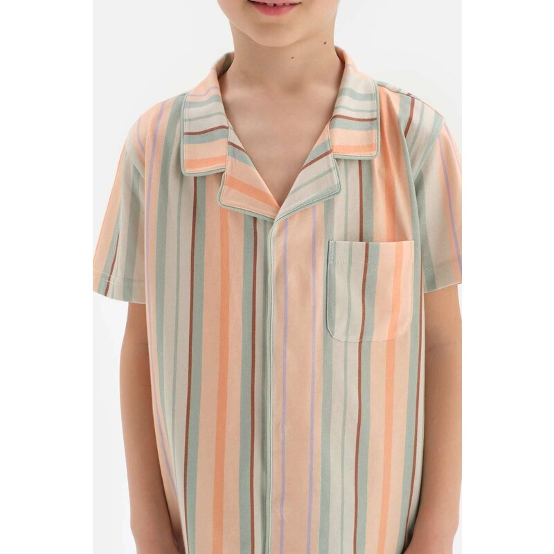 Dagi Multicolour Shirt Collar Striped Short Sleeved Shorts Pajamas Set