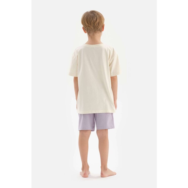 Dagi Ecru Boy's Slogan Printed Short Sleeve Pajama Set with Shorts