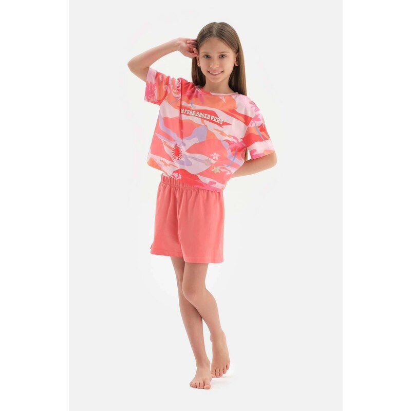 Dagi Pink Size Printed Slogan Detail Short Sleeve T-Shirt, Shorts Pajamas Set.