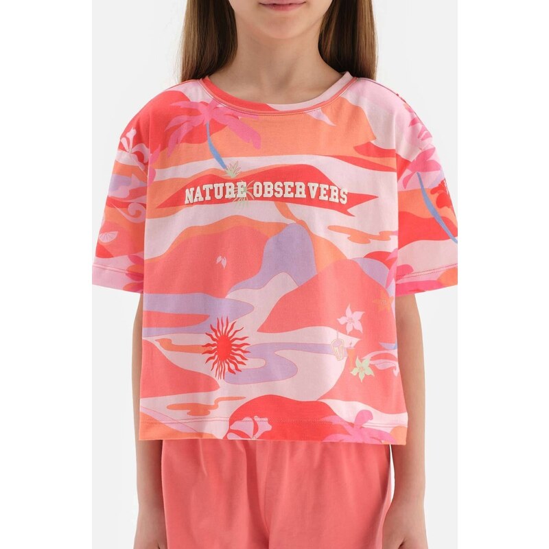 Dagi Pink Size Printed Slogan Detail Short Sleeve T-Shirt, Shorts Pajamas Set.
