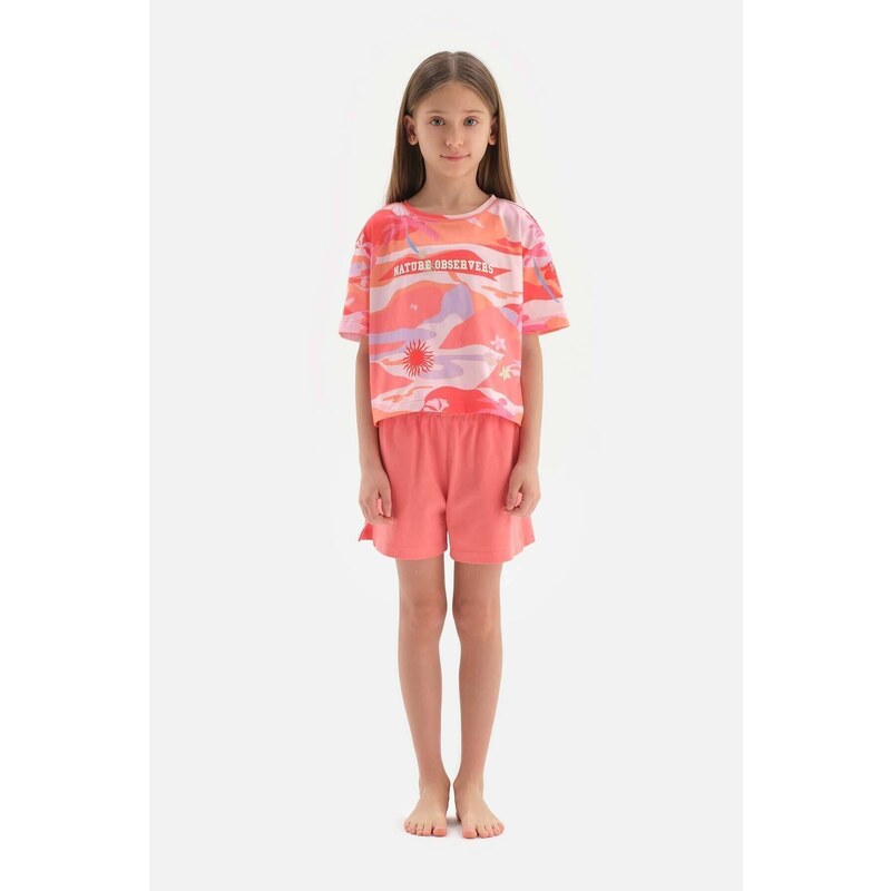 Dagi Pink Size Printed Slogan Detail Short Sleeve T-Shirt, Shorts Pajamas Set.