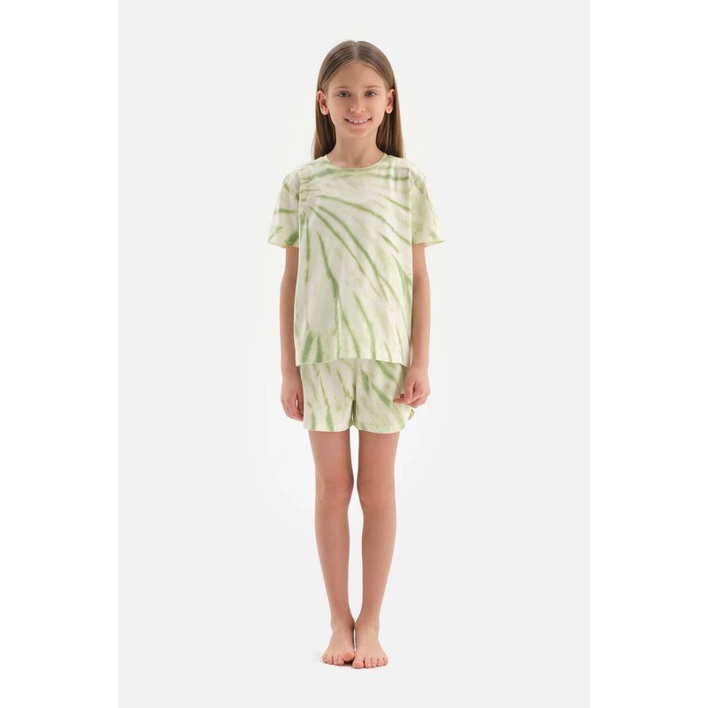 Dagi Light Green Meter Printed Short Sleeve T-Shirt Shorts Pajama Set