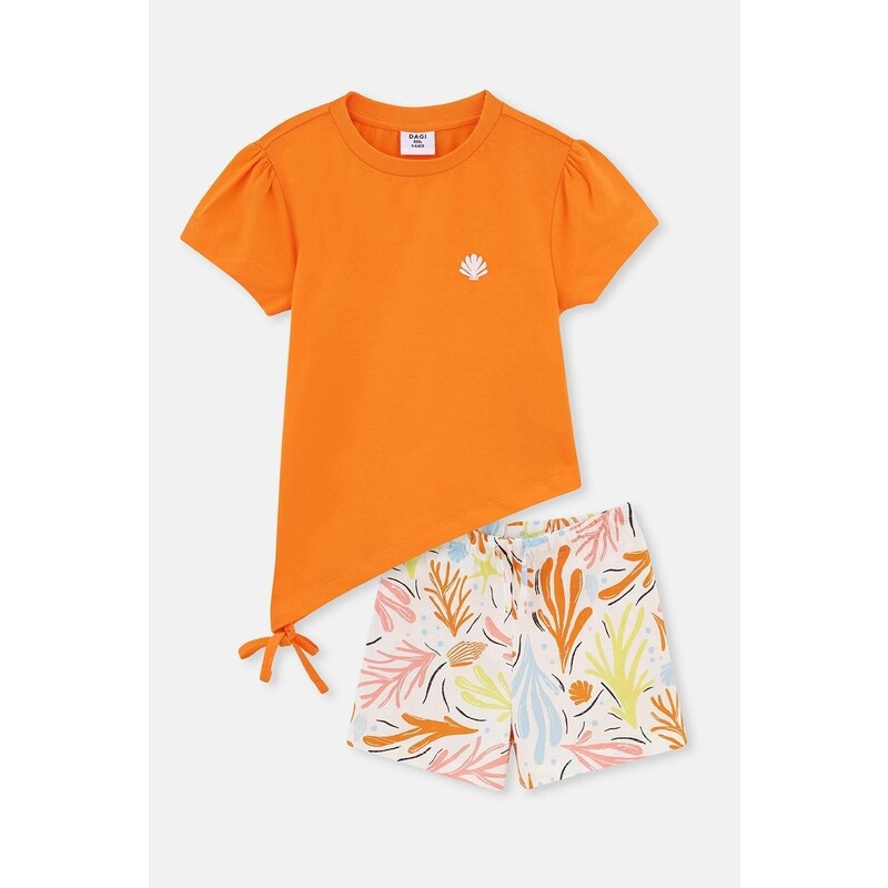 Dagi Orange Tie Detailed Short Sleeved T-shirt, Shorts Pajamas Set.