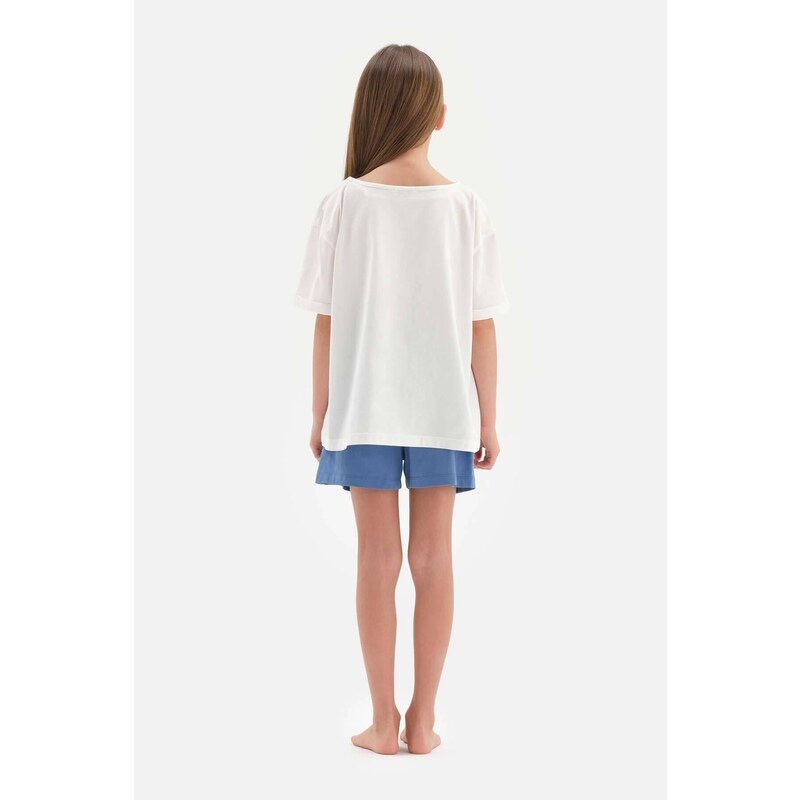 Dagi White Print Detailed Short Sleeve T-shirt, Shorts Pajamas Set.