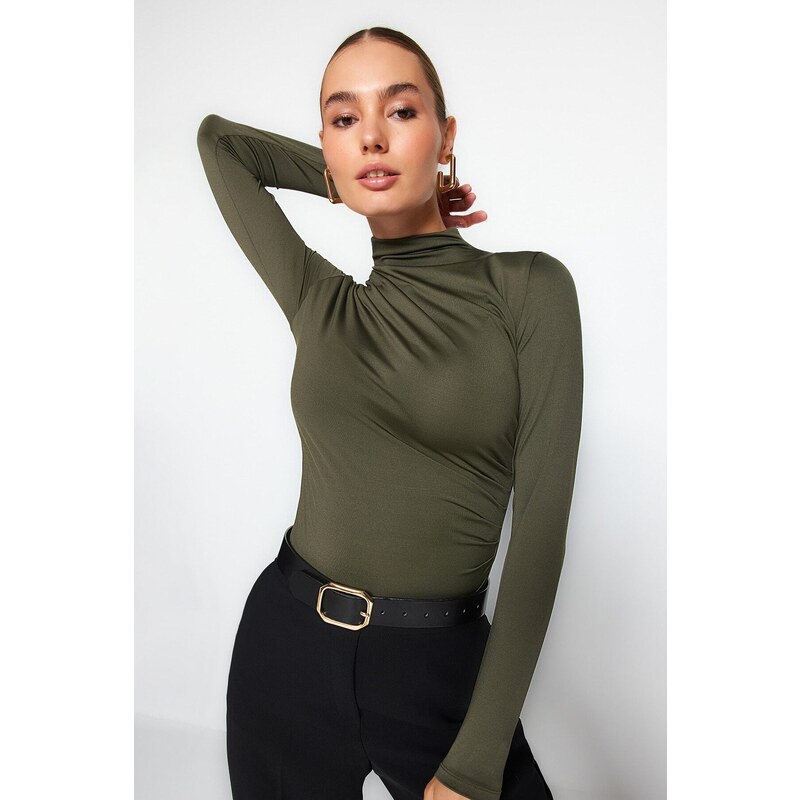 Trendyol Khaki Gathered Detailed High Neck Snap Snap Elastic Knitted Body