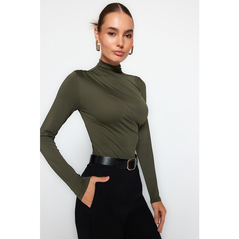 Trendyol Khaki Gathered Detailed High Neck Snap Snap Elastic Knitted Body