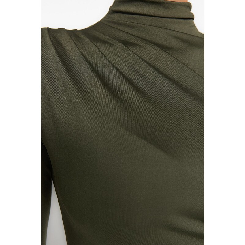 Trendyol Khaki Gathered Detailed High Neck Snap Snap Elastic Knitted Body