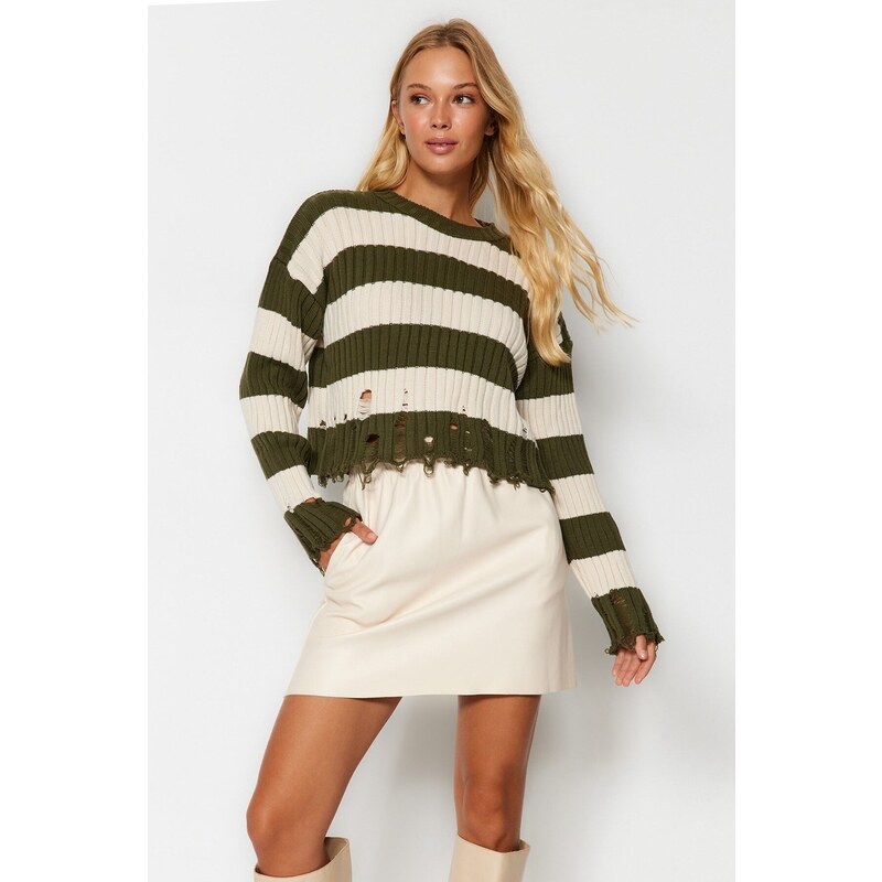 Trendyol Khaki Crop Oversized pletený svetr