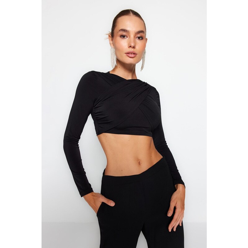 Trendyol Black Knotted Knitted Crop Blouse