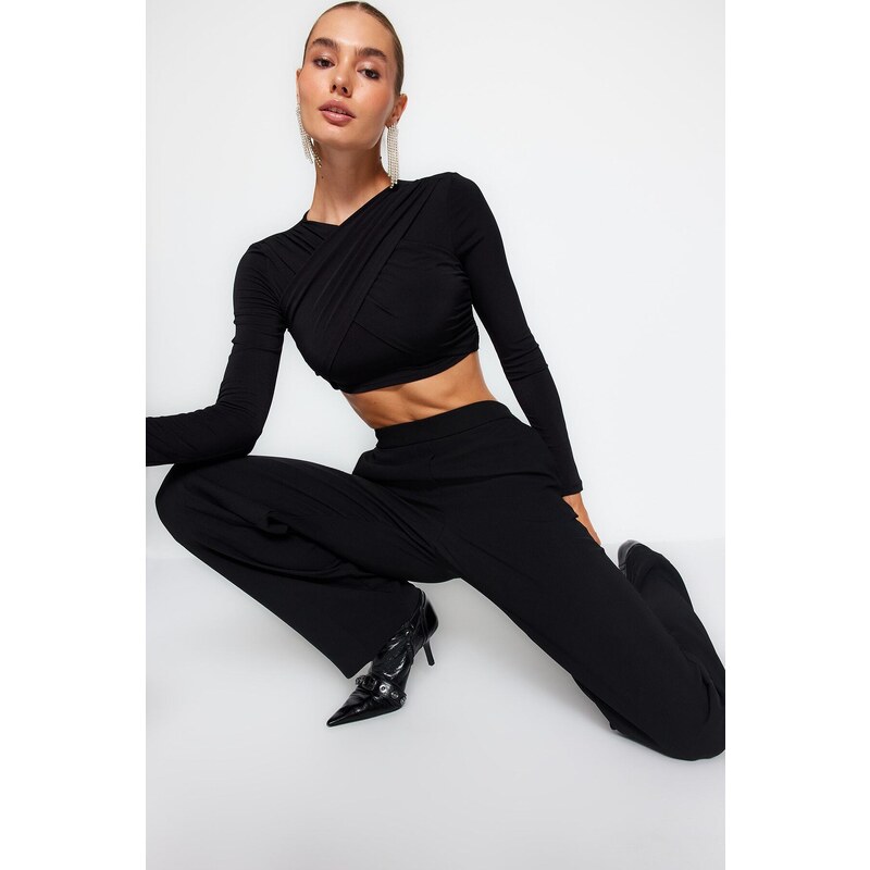 Trendyol Black Knotted Knitted Crop Blouse