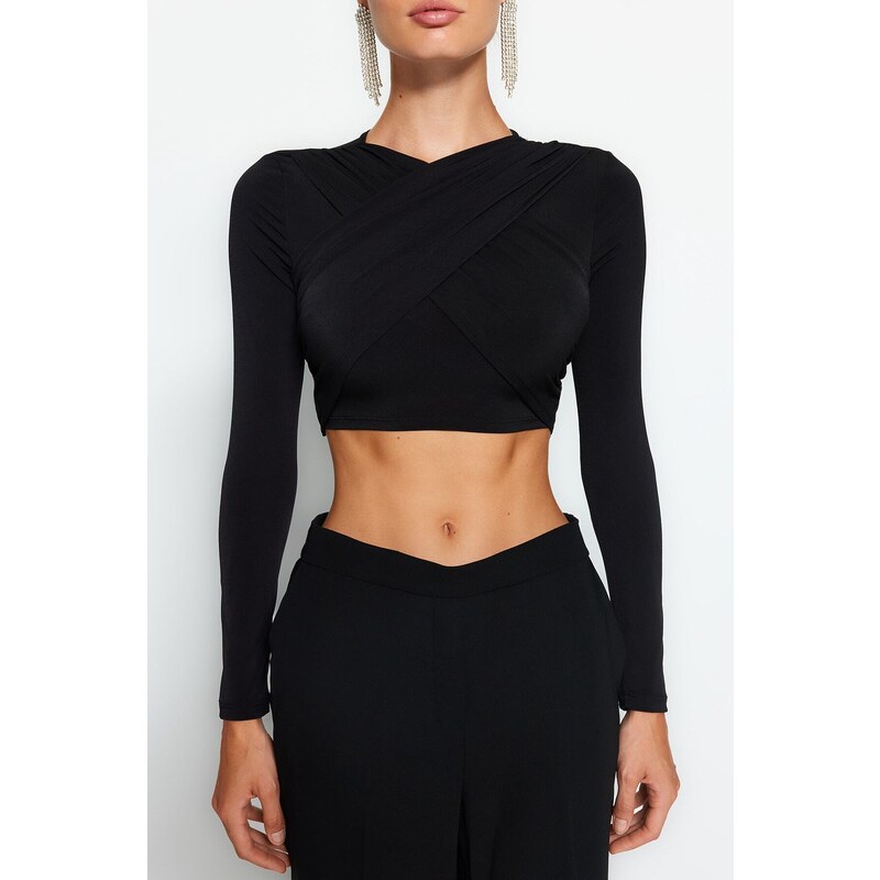 Trendyol Black Knotted Knitted Crop Blouse