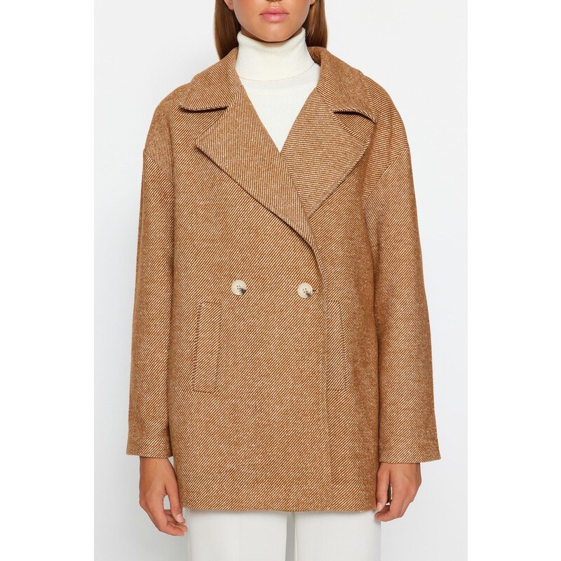 Trendyol Camel Oversize Wide Cut Stamped Coat