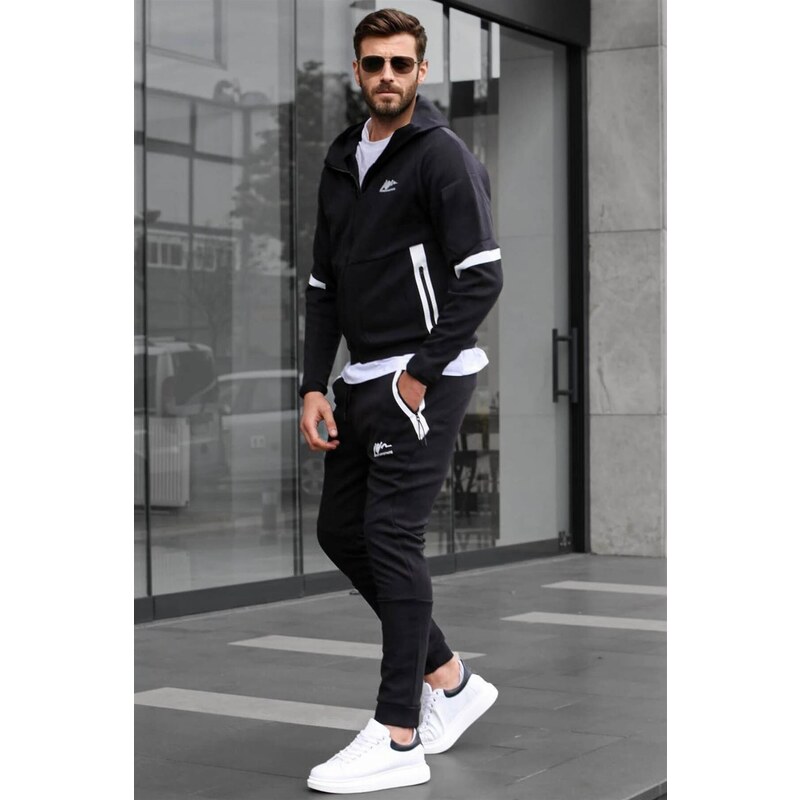 Madmext Black Men's Tracksuit Set with a Zippered Hoodie 6393