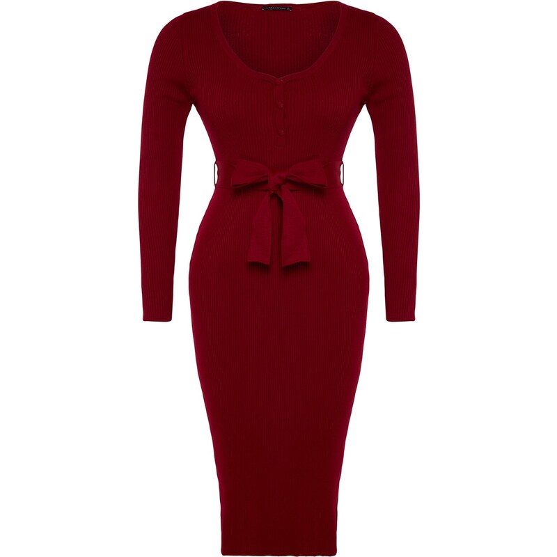 Trendyol Curve Claret Red Knitwear Dress with Binding Detail and Buttons at the Waist