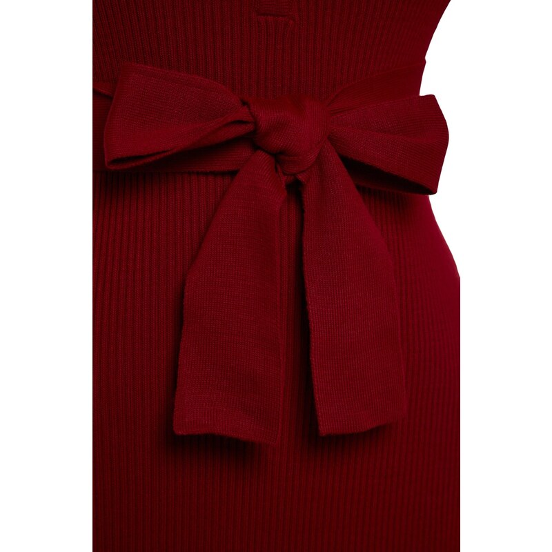 Trendyol Curve Claret Red Knitwear Dress with Binding Detail and Buttons at the Waist