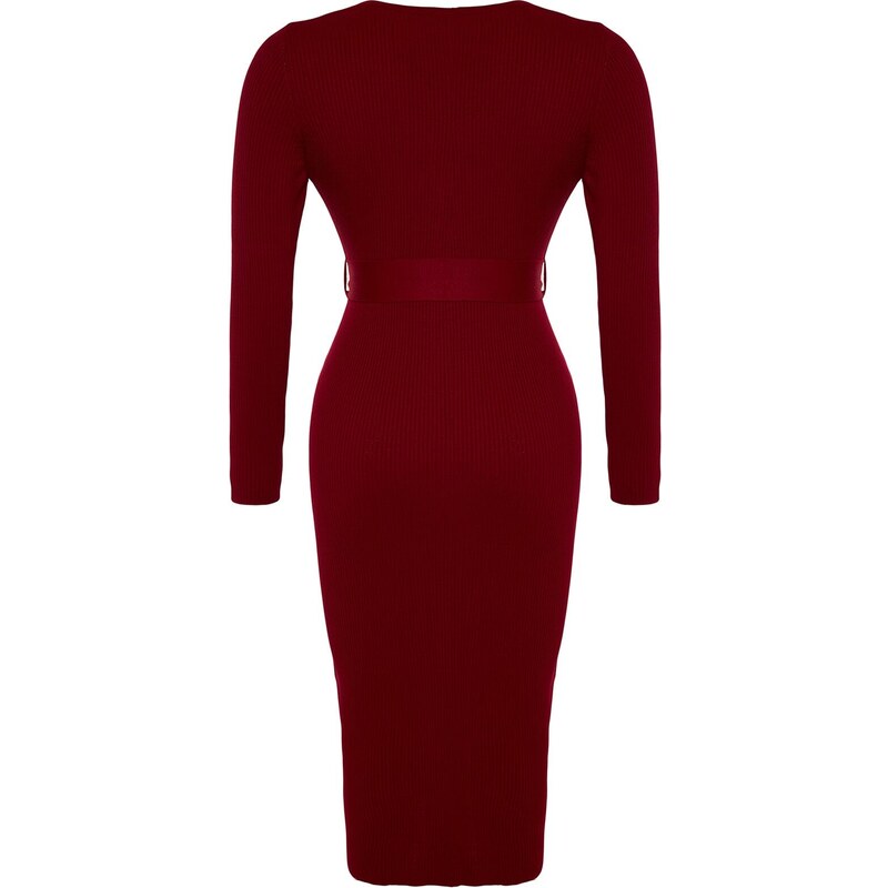 Trendyol Curve Claret Red Knitwear Dress with Binding Detail and Buttons at the Waist